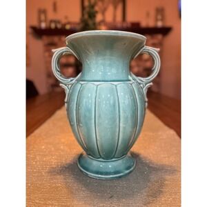Vintage McCoy Pottery Turquoise Aqua Vase MCM Art Deco Style Handles 9 inches
